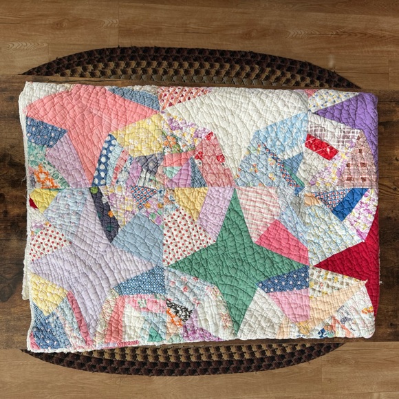 Antique Other - Vintage Antique 40s Hand-Sewn Multicolor Spider Web Feedsack Quilt ~ 65 x 86